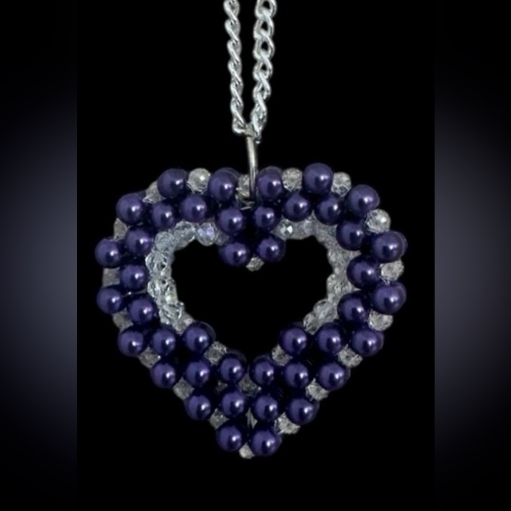 Elegant Silver and Purple Heart Pendant Necklace. Handmade.